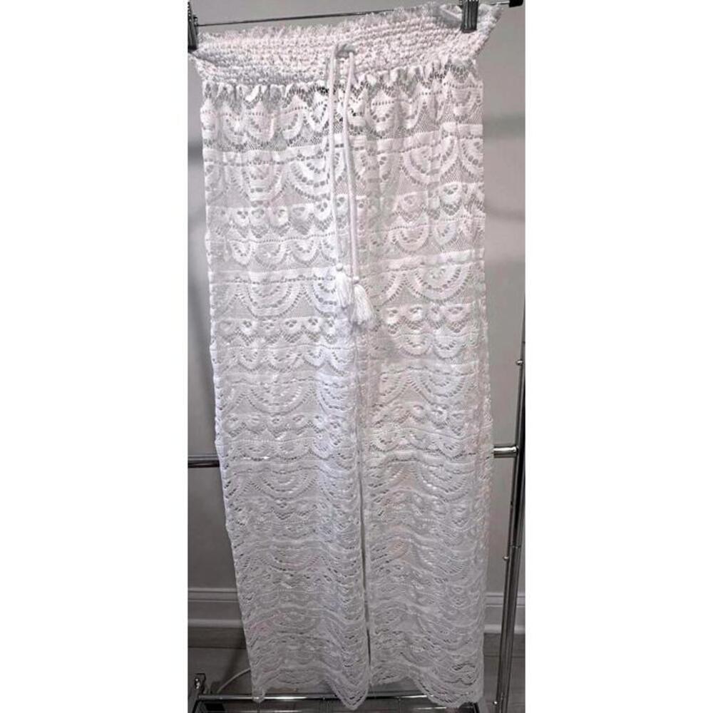 Chic White Lace Palazzo Pants Coverup,Size M
